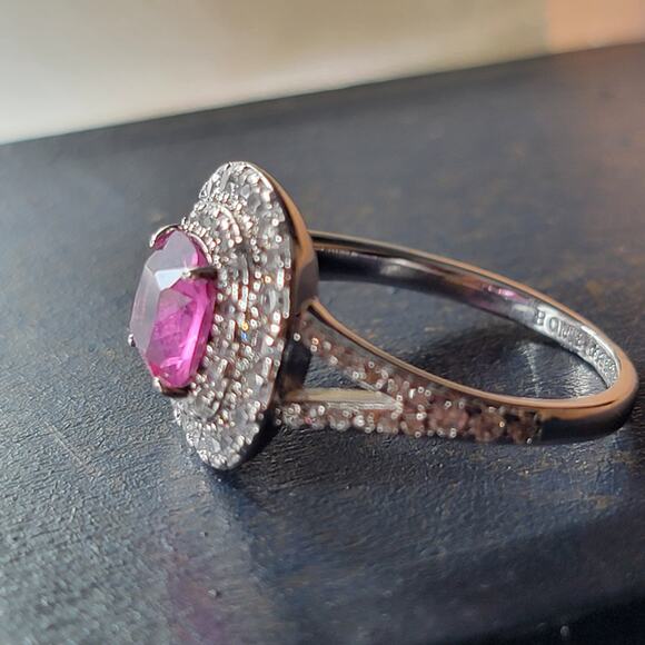 Glamorous Rhodium-Plated Size 9 Ring with Pink Gemstone and Pave Accents - Picture 13 of 16